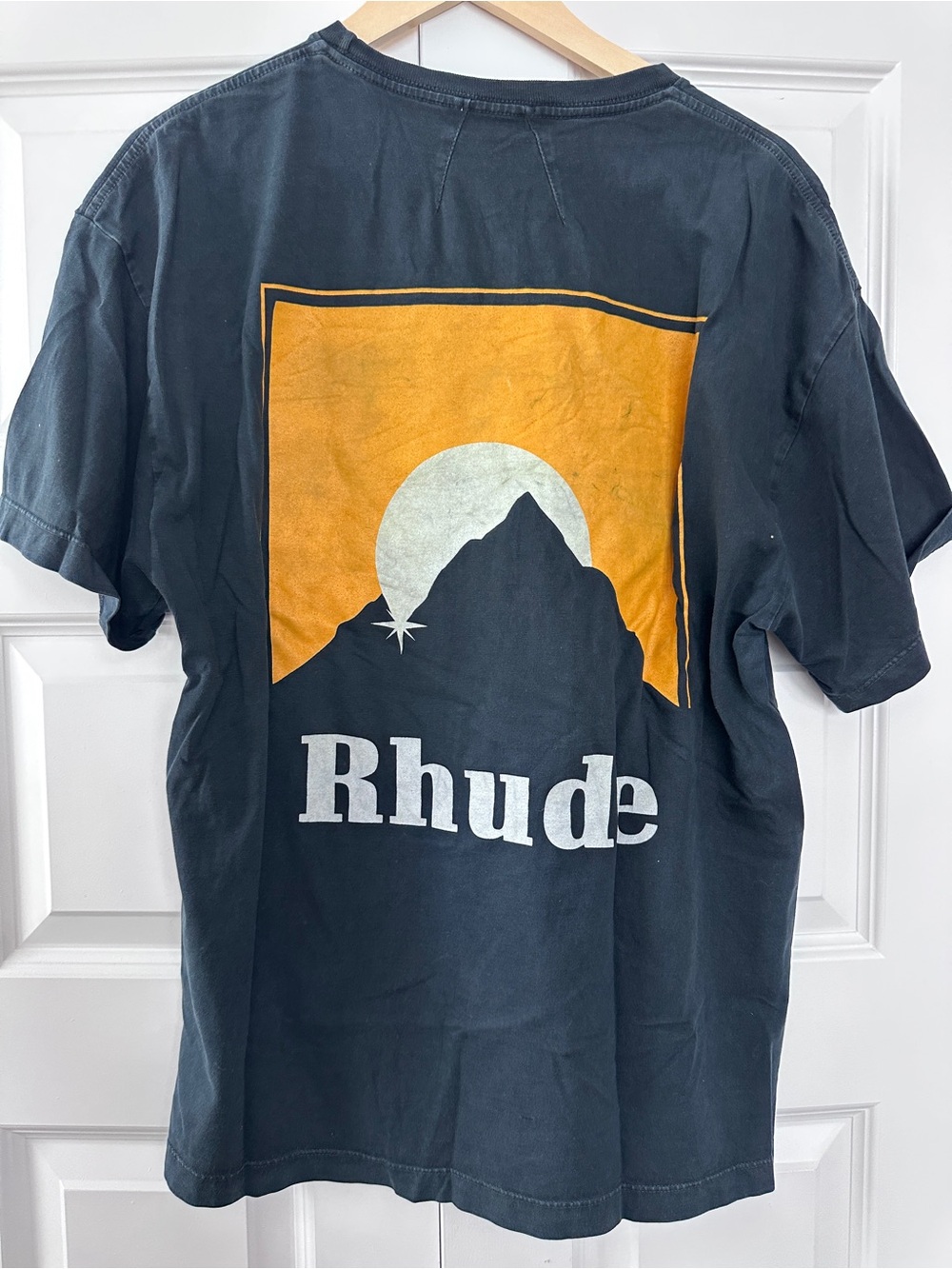 Rhude Black Short-Sleeve Tee with Orange Mountain Graphic